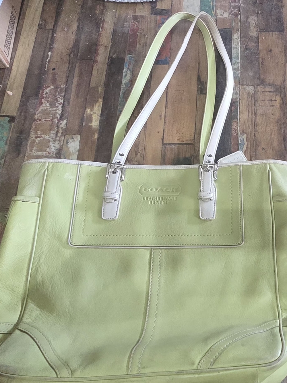 COACH Lime Green Leather Tote Bag with White Trim